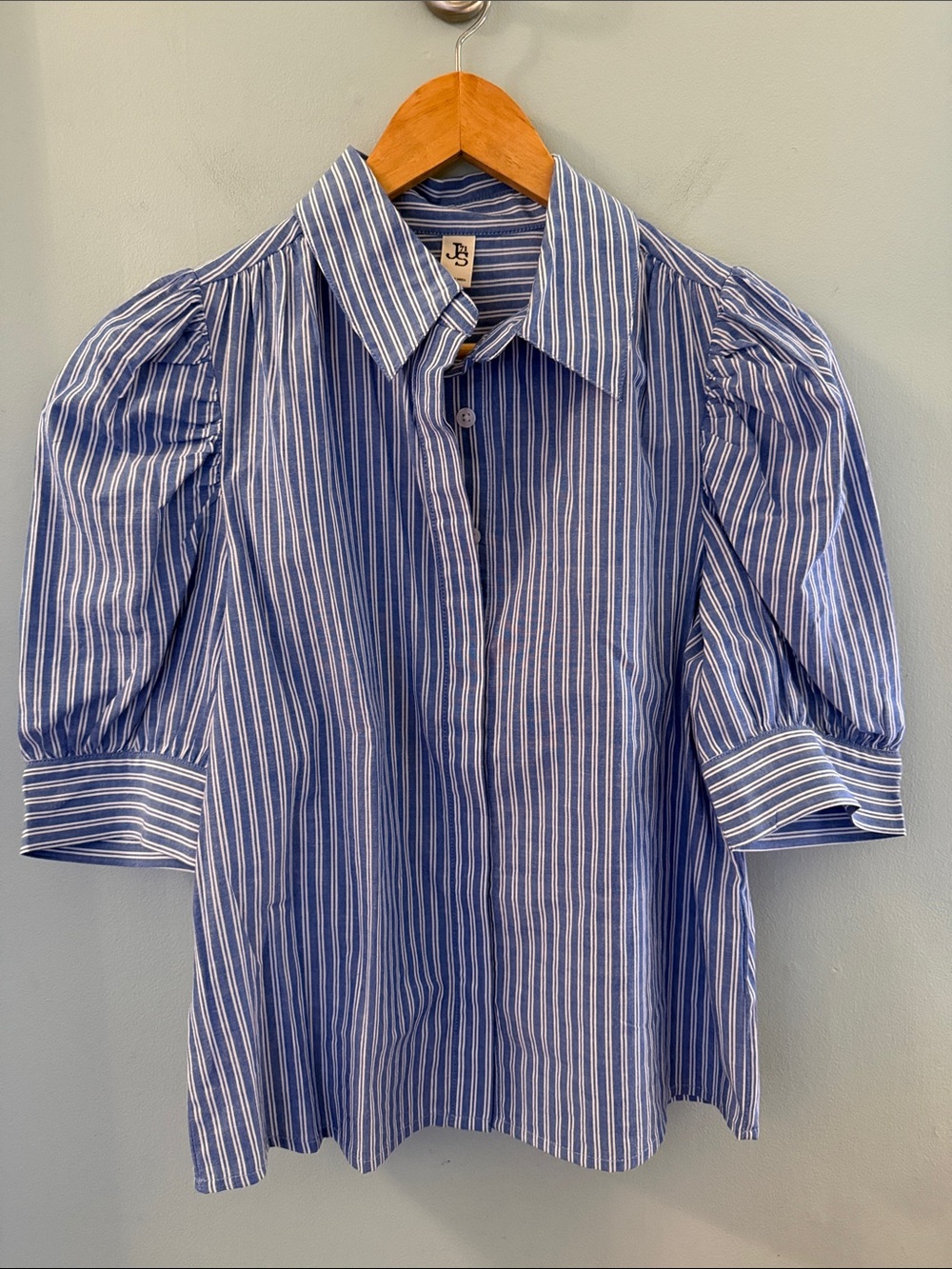 JS71 Puff-Sleeve Blue & White Stripe Button-Down Shirt